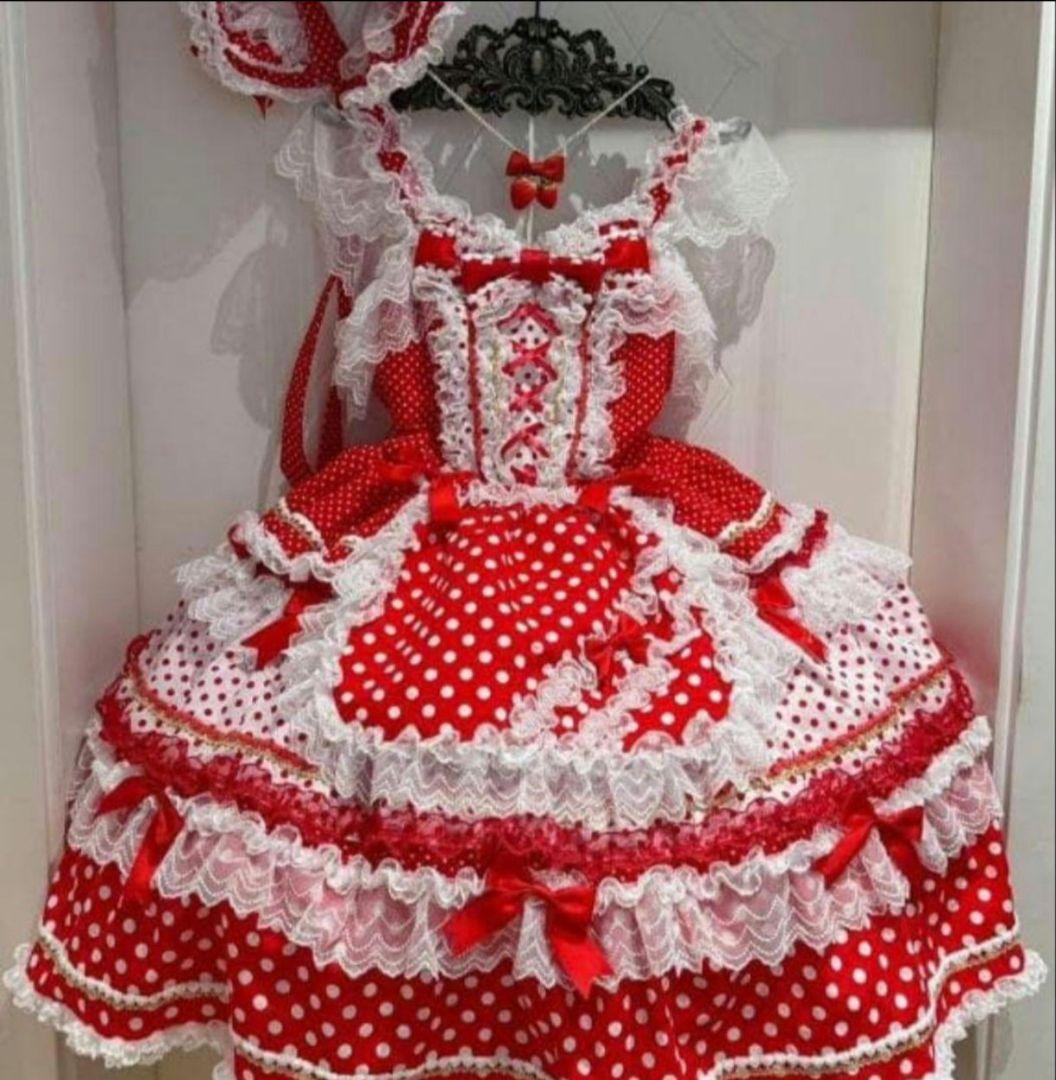 4点セットゴスロリ ロリータドレス　ロリィタ　メイド服　赤と白　水玉模様 甘ロリ