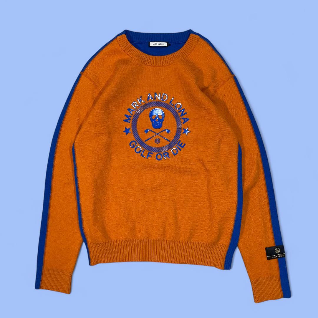 マークアンドロナ 長袖 ニット セーター 46 オレンジ ブルー ゴルフ メンズ