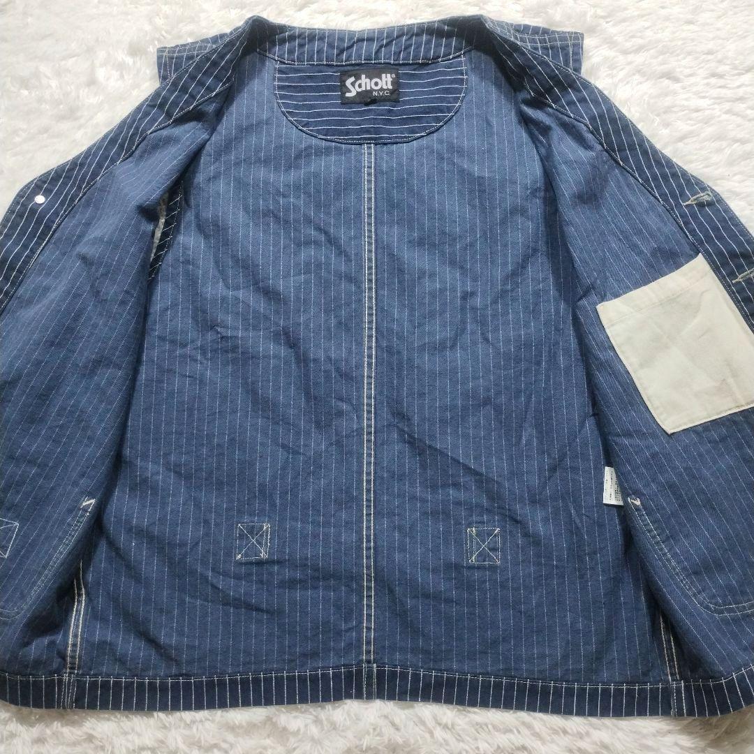 希少☆美品☆Schott　デニムベスト　ヒッコリー　ストライプ　XL　青　ブルー