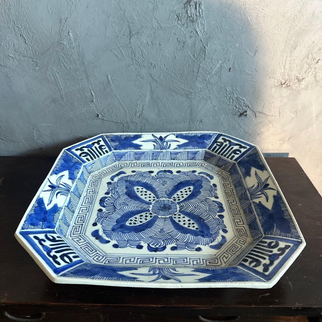 ヴィンテージ素敵すぎる青と白の八角形陶器皿