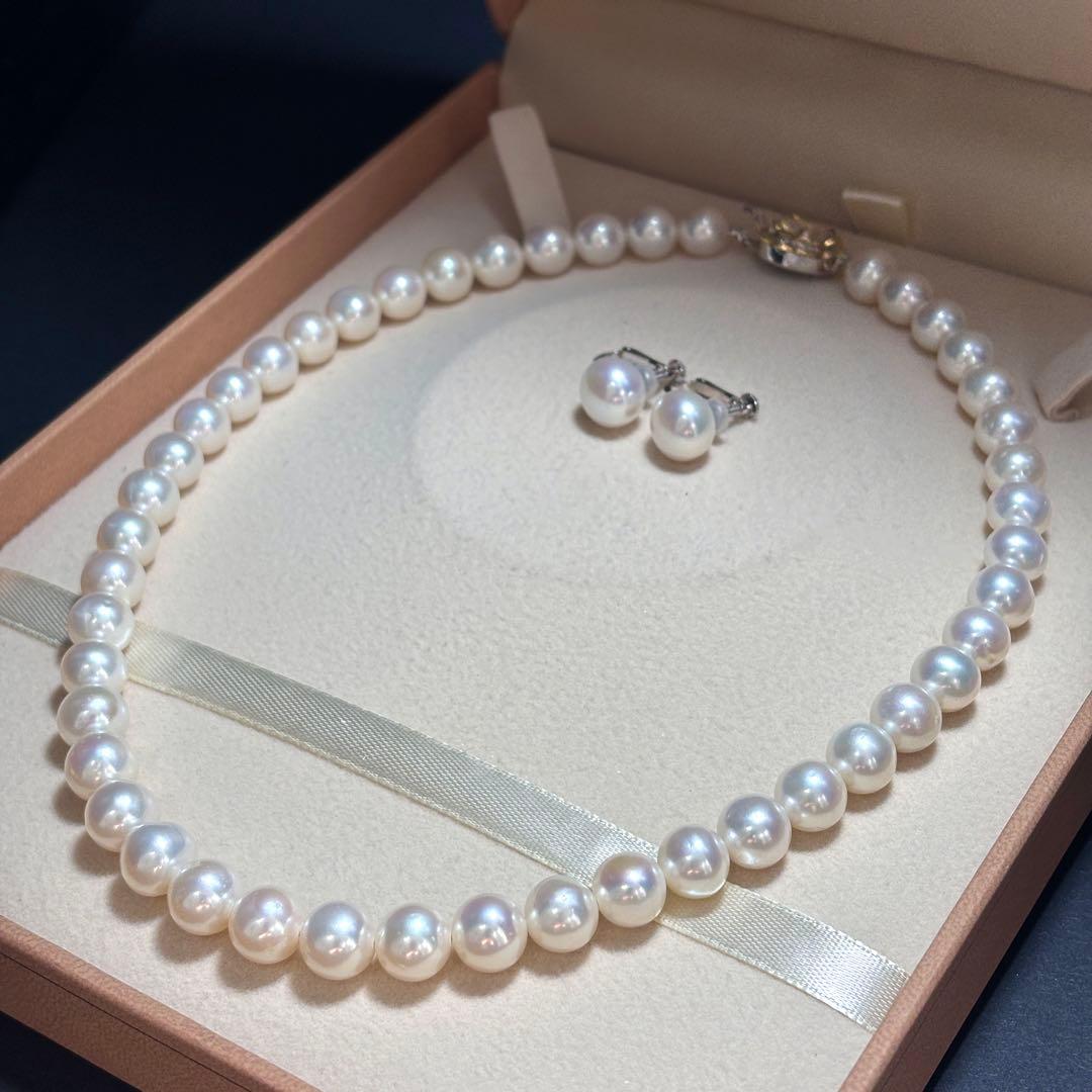大珠✨テリ強 パール　ネックレス　ホワイト　イヤリング 8.5-9.5 本真珠