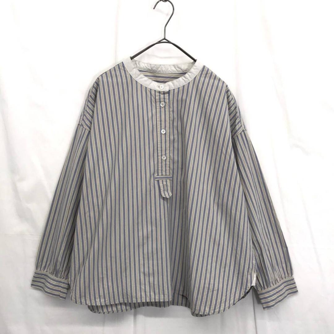 nest Robe : コットンストライププルオンシャツ●F●グレー×ブルー