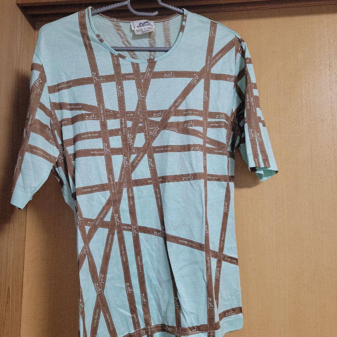 HERMES-PARIS リボン柄　コットンTシャツ L 水色