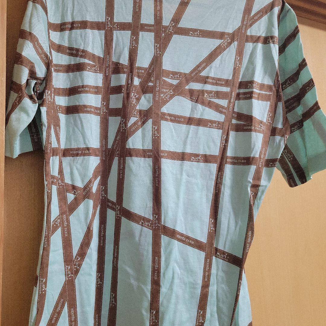 HERMES-PARIS リボン柄　コットンTシャツ L 水色