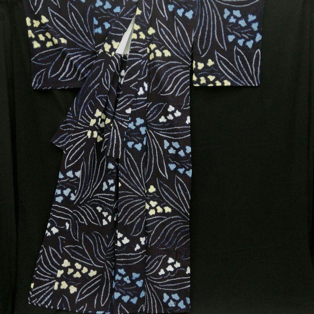 有松鳴海絞り 浴衣 ( 黃白水色花紋様　藍色　手縫い仕立て　居敷当て付)