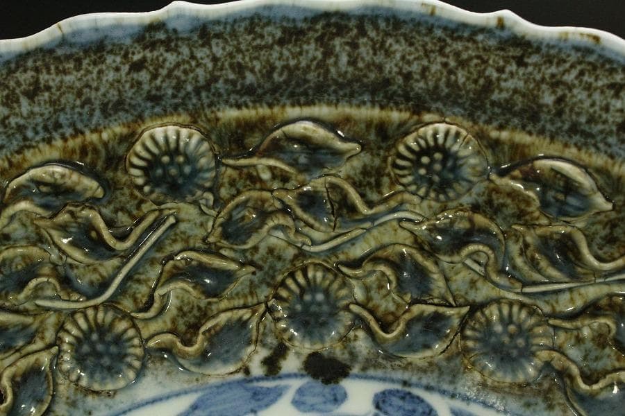 中国美術 纏枝蓮花貼 青華折口皿 φ47cm 美品(ZE727)