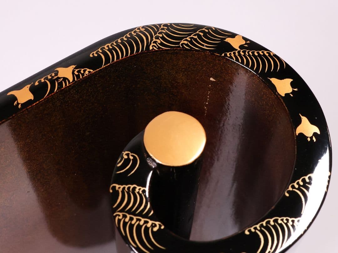 漆芸 紅葉桜 波千鳥 蒔絵 巻足 平卓 花台 黒塗 梨地 木製 楓【MA939】