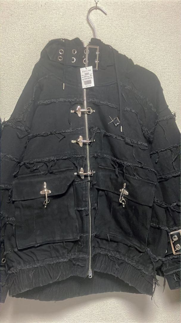 継ぎ接ぎベルト付きハイネックZIPパーカー/ジップアップパーカー