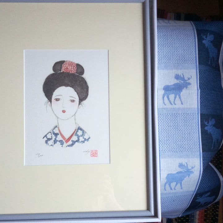 米倉斉加年 版画 額装と　スエーデン製のテーブルセンター