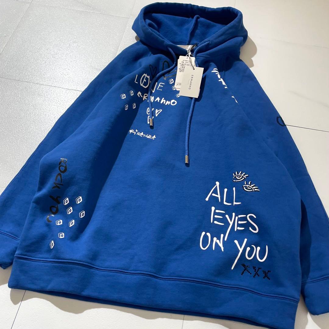 未使用タグ付き✨ エルマンノシェルビーノ パーカー ロゴ ラインストーン ブルー