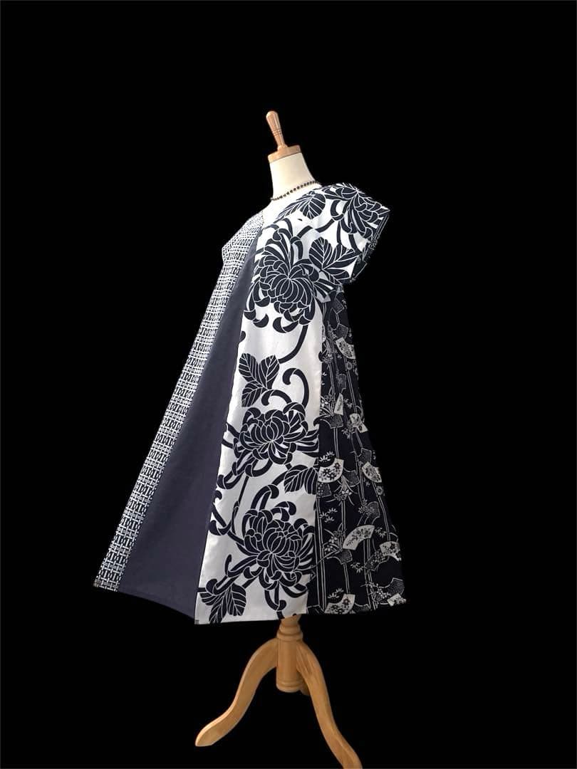 6Y39-⑤浴衣リメイク　ワンピース　ロング　ハンドメイド優雅Aライン　新品反物