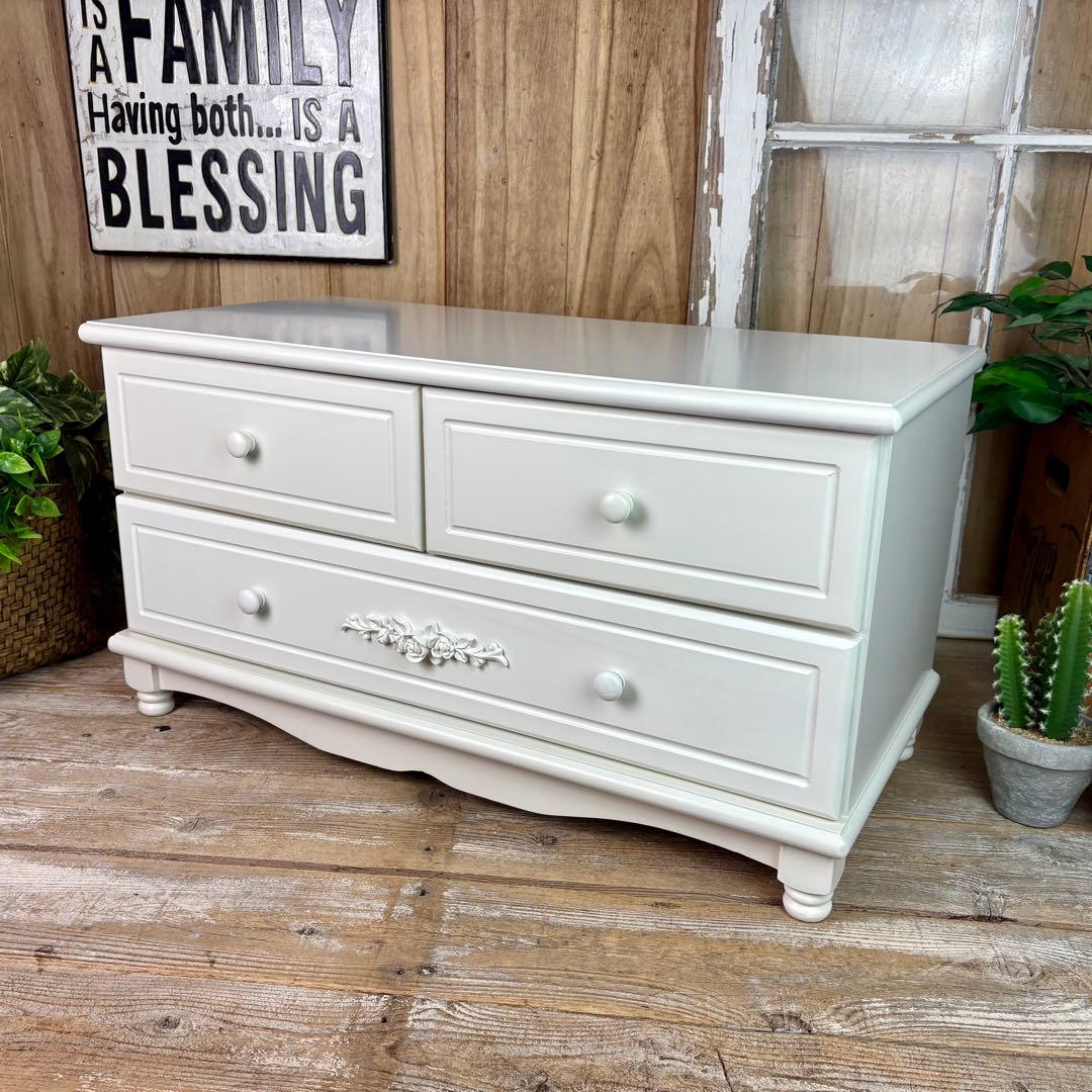訳あり品【106】フレンチ調ホワイトチェスト横長木製収納家具姫系洋タンス飾り棚姫