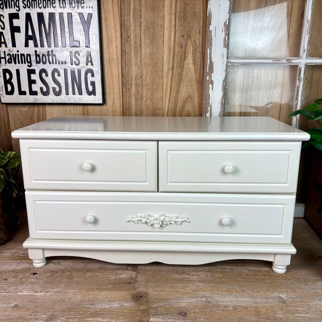 訳あり品【106】フレンチ調ホワイトチェスト横長木製収納家具姫系洋タンス飾り棚姫