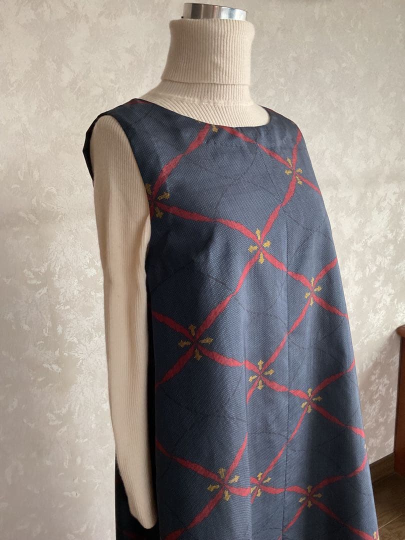 着物リメイクワンピース　　大島紬からバルーンドレス