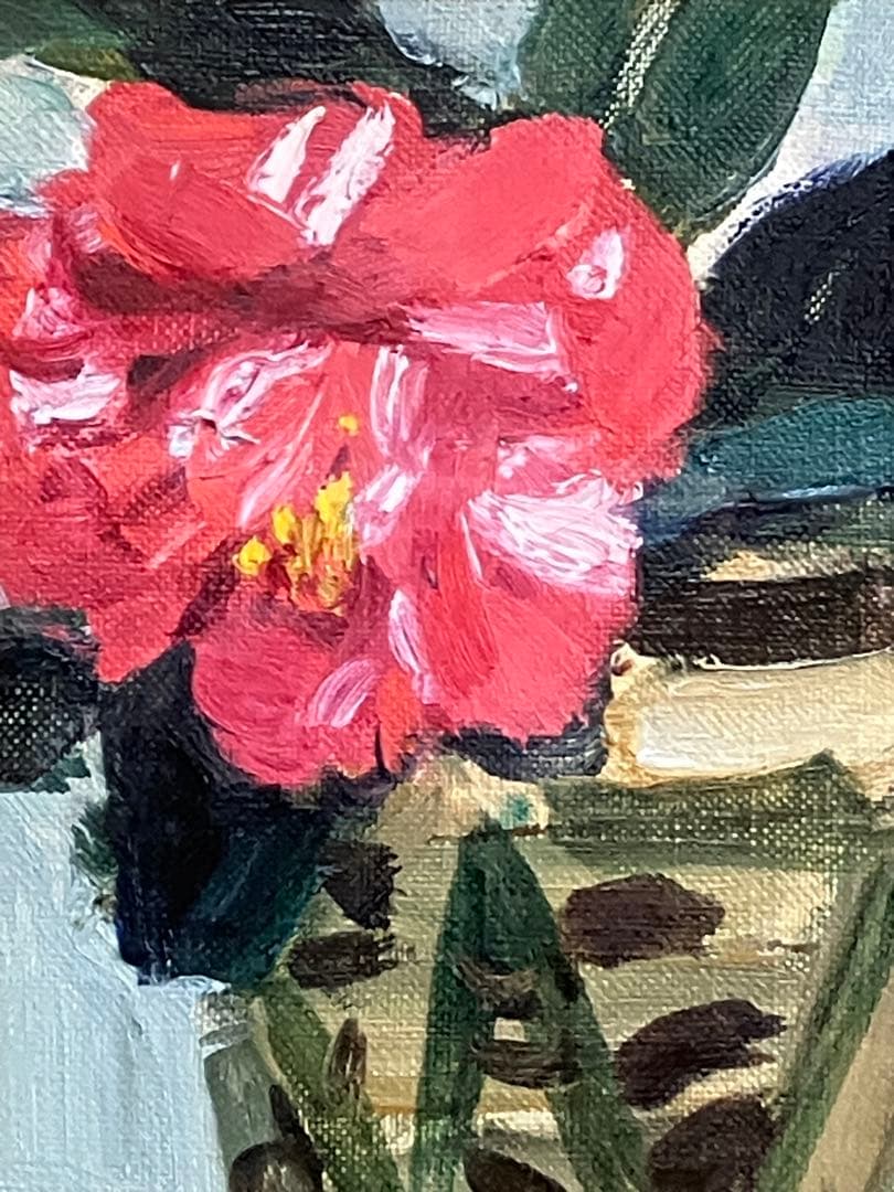 楢原健三「椿」 0号 油彩 油絵 絵画 静物画 当時オリジナル額装 木製額縁