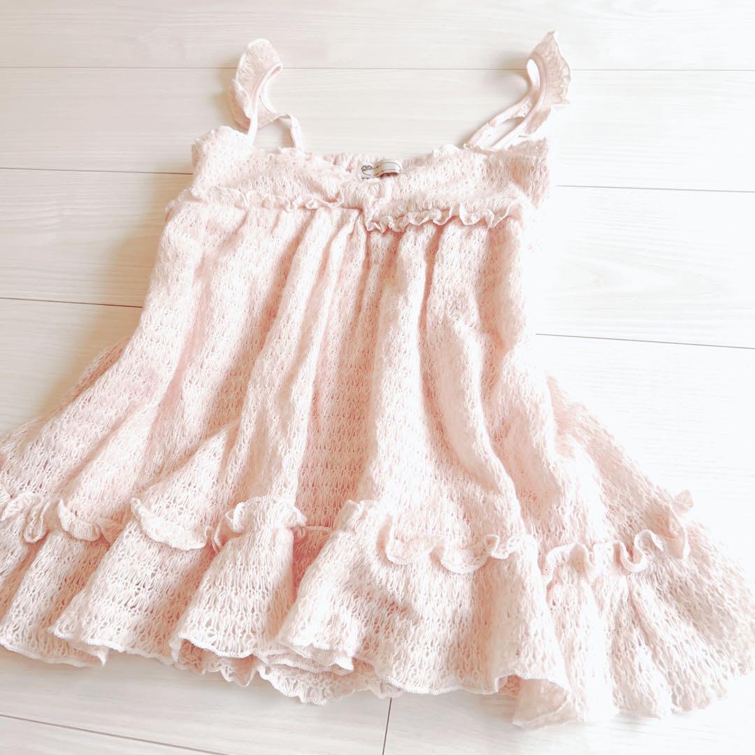 リズリサ コーラルピンク系 リボン フリルキャミソール