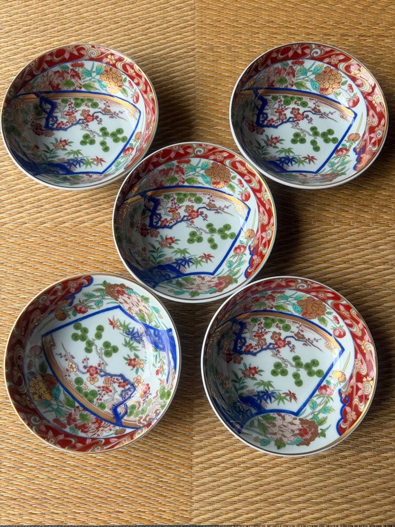 林九郎窯 有田焼 波佐見焼 赤絵 金彩 牡丹 松竹梅 5客