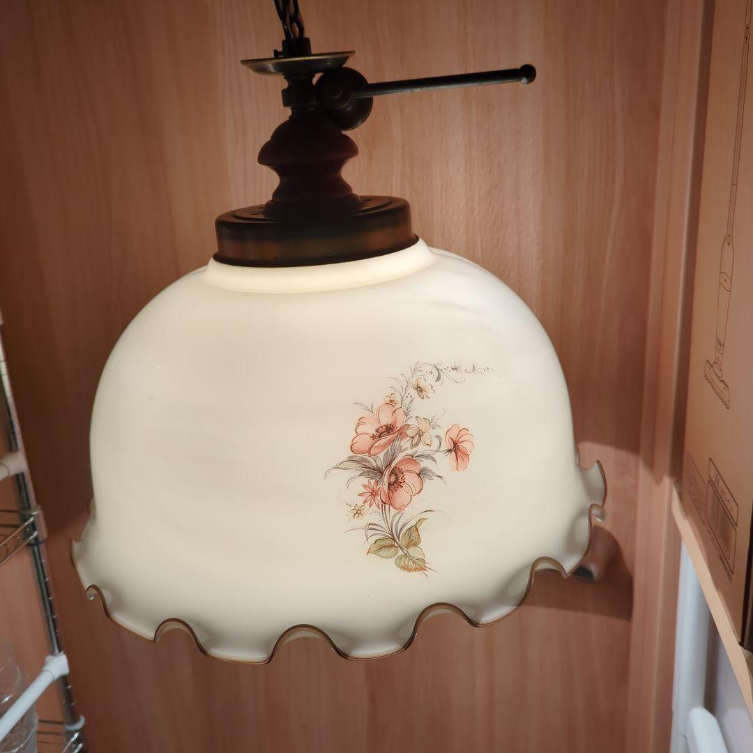 （昭和レトロ商品）山田照明 フラワーモチーフペンダントライト （ガラスシェード）