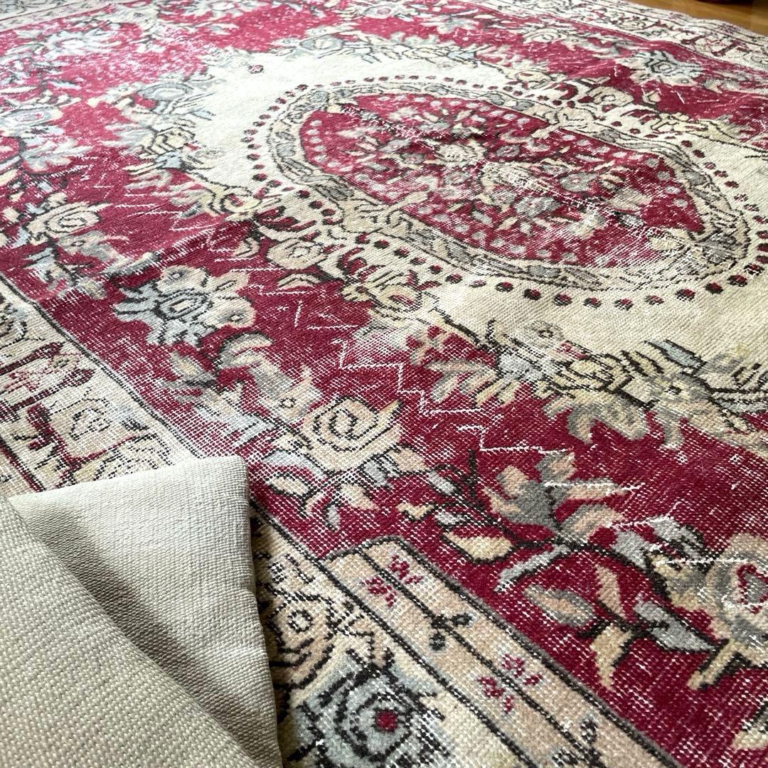 超大判168×290 メダリオン　くすみレッド　ボタニカルトルコヴィンテージラグ