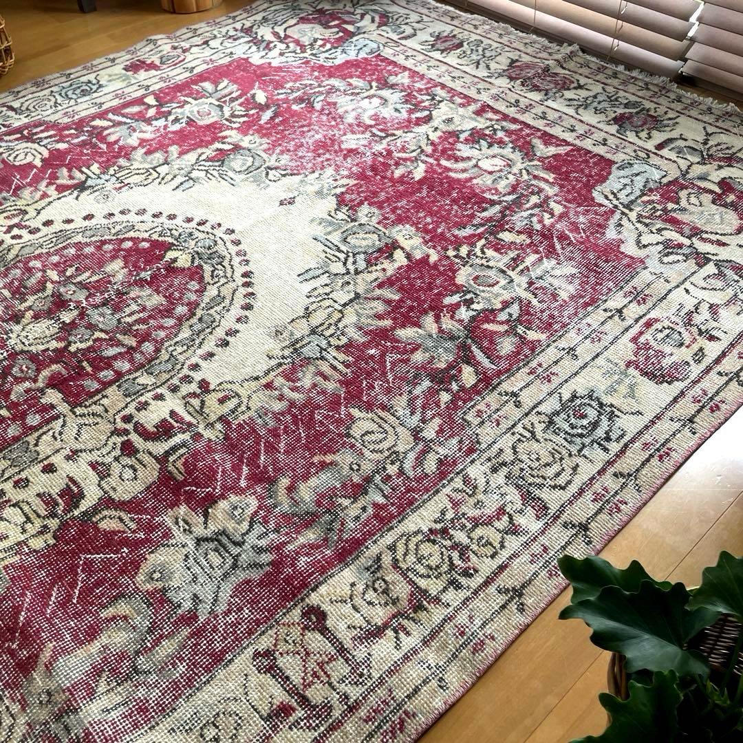 超大判168×290 メダリオン　くすみレッド　ボタニカルトルコヴィンテージラグ