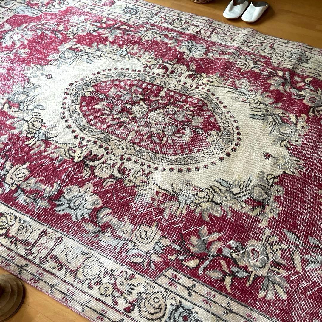 超大判168×290 メダリオン　くすみレッド　ボタニカルトルコヴィンテージラグ