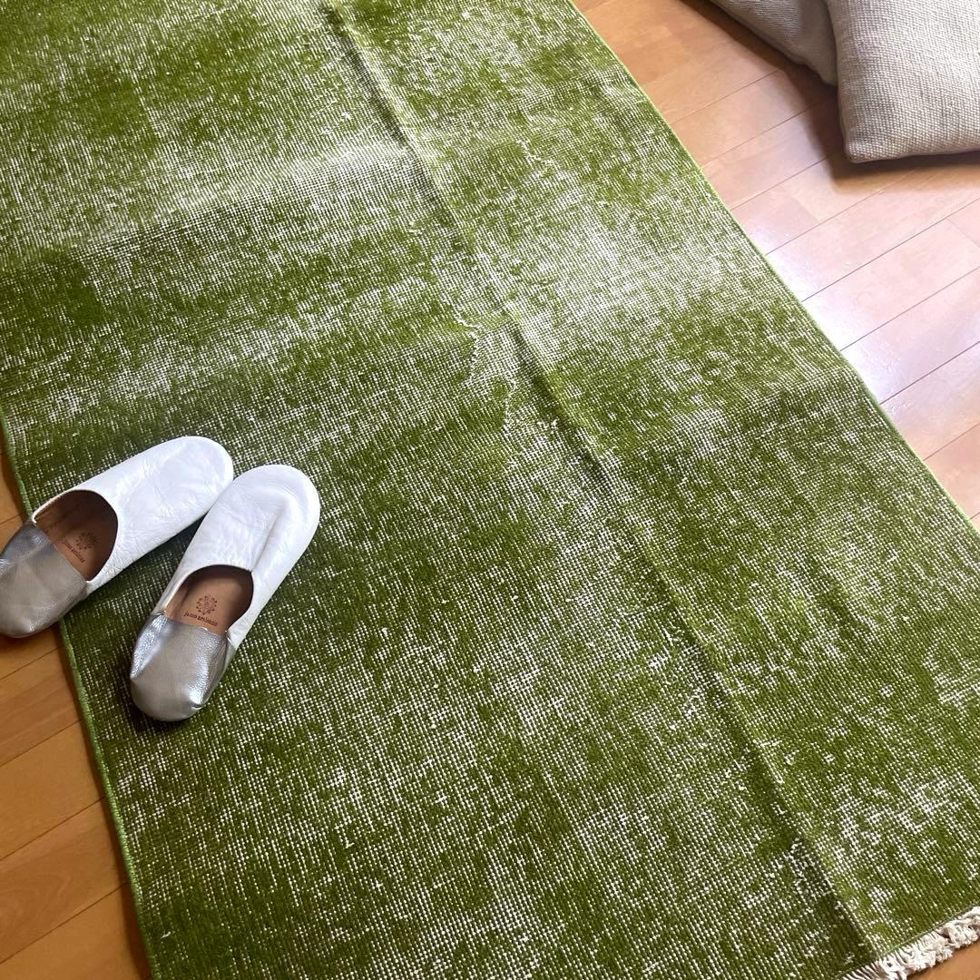 86×209抹茶グリーン　ワンカラーオーバーダイ　匂いありトルコヴィンテージラグ