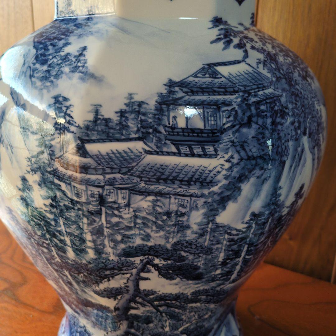 TKです。有田焼 神右衛門　染付山水図 　染付細密絵図花瓶 飾壺 古美術