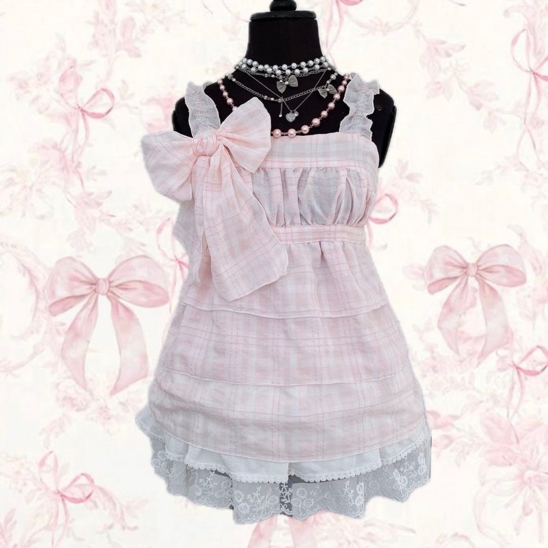 y2k LIZLISA チェック リボン チュニック ティアード キャミソール