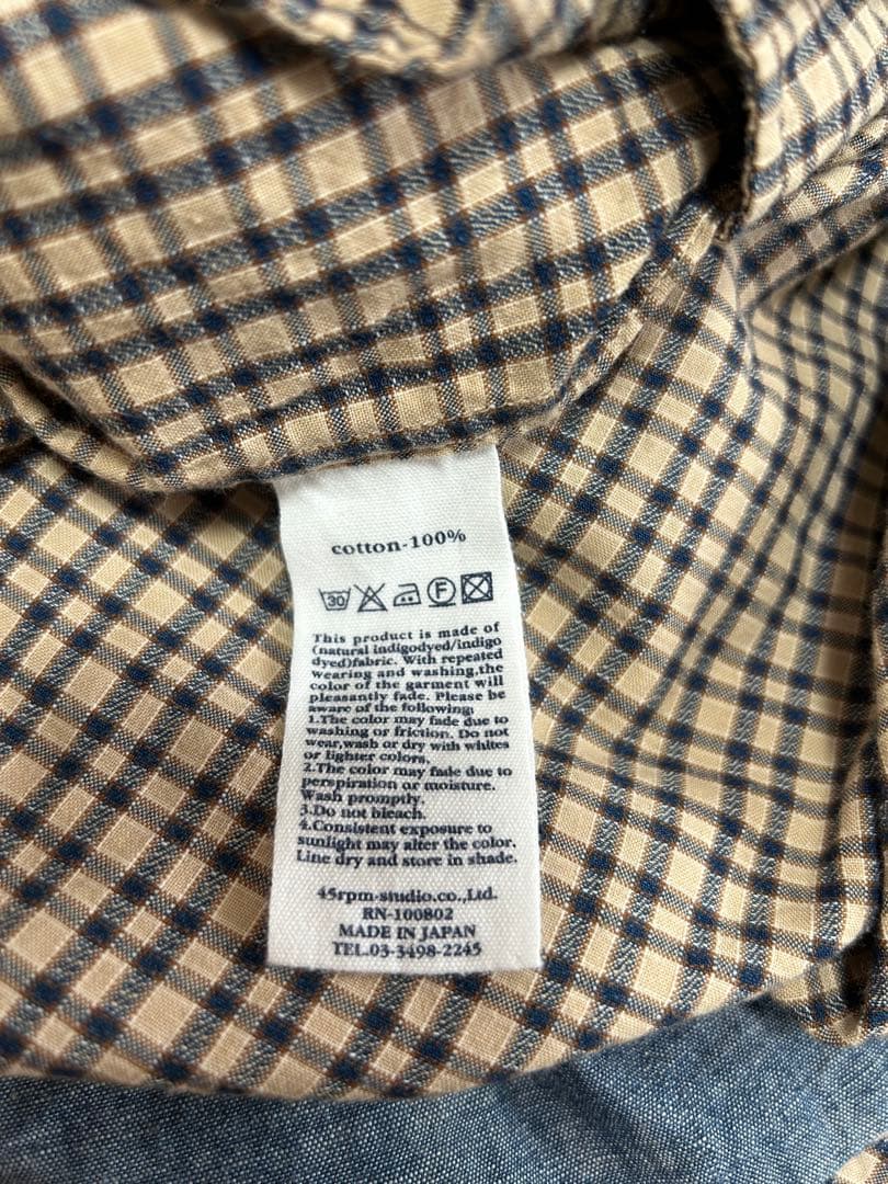 45rpmインディゴ格子柄　コットンギャザーワンピース