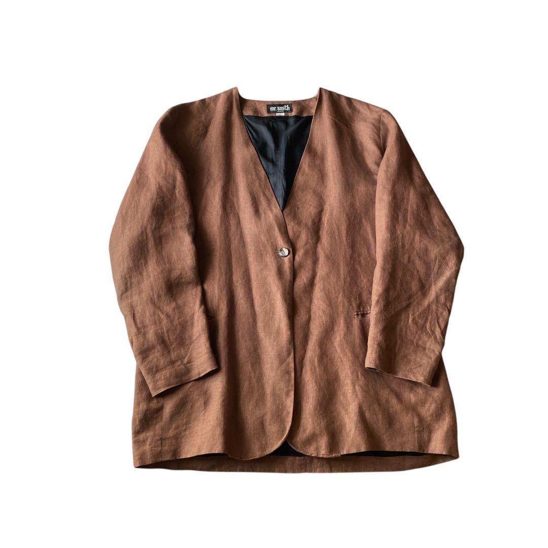 80s90s カナダ製 オーバーサイズ ヘビーリネンノーカラージャケット