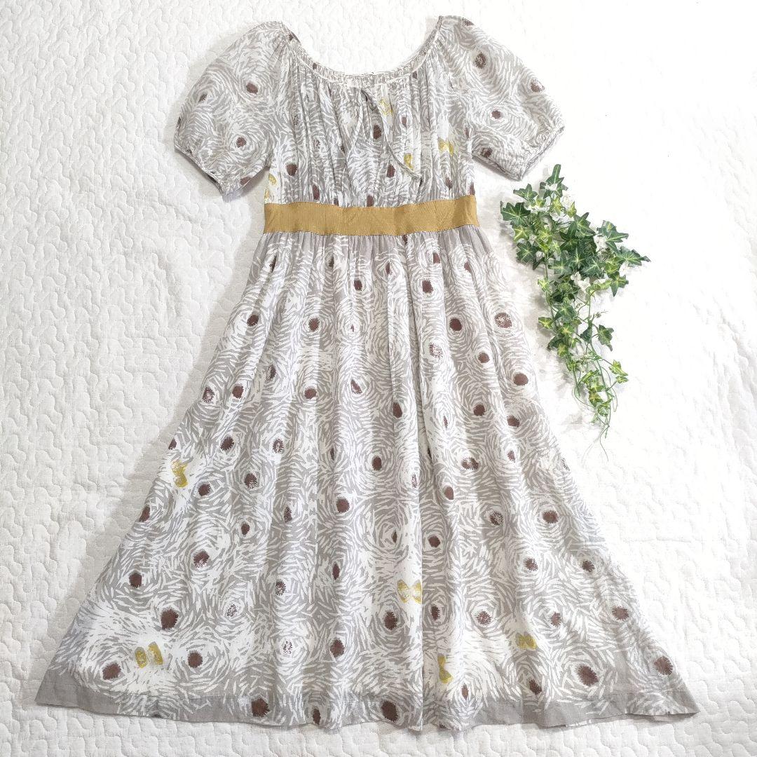 ミナペルホネン　papillon　コットンフレアワンピース　総柄　グレー　1