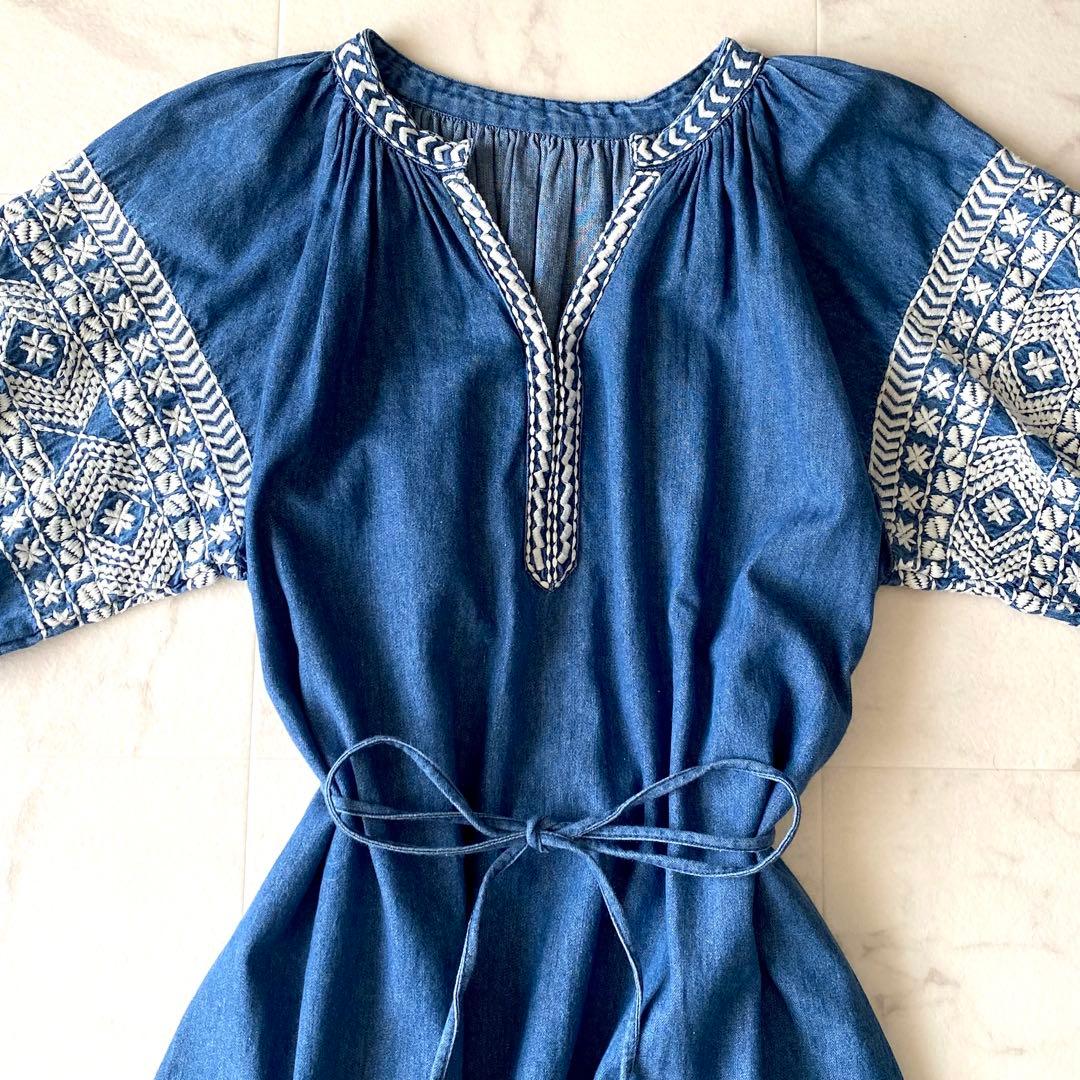 極美品☆グレースクラス デニム刺繍ワンピース ボリューム袖 七分丈 ゆったり