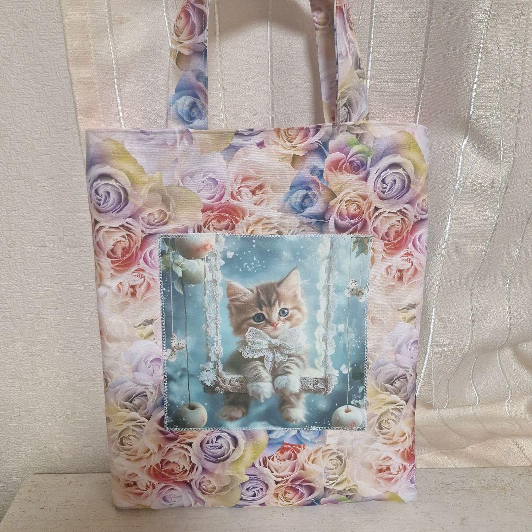 激レアねこパネル生地　ハンドメイド　まちなしバッグ　ミニバック　ポーチ