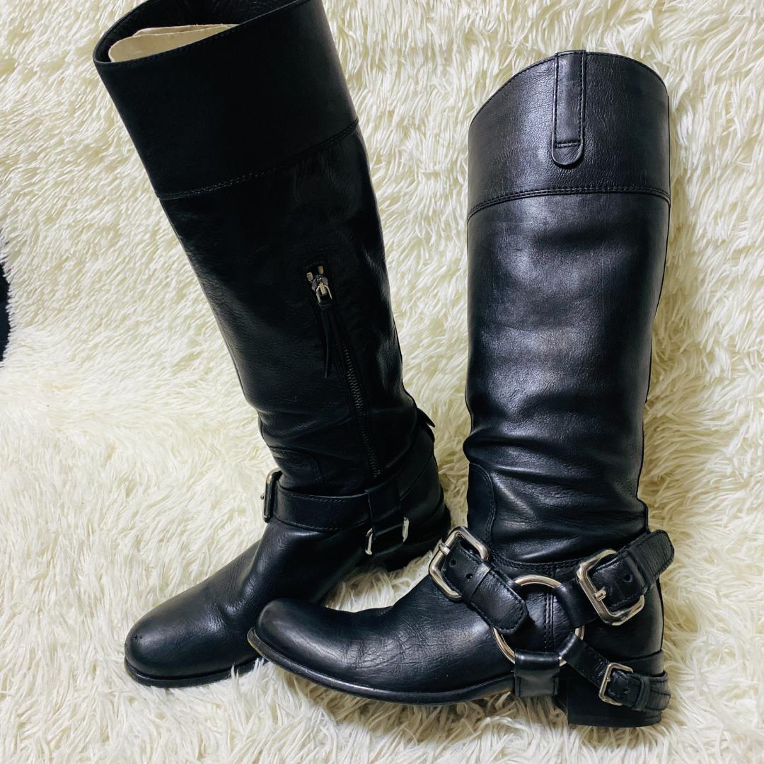 ミュウミュウ MIUMIU バックル付き 黒 レザー ロングブーツ 24cm