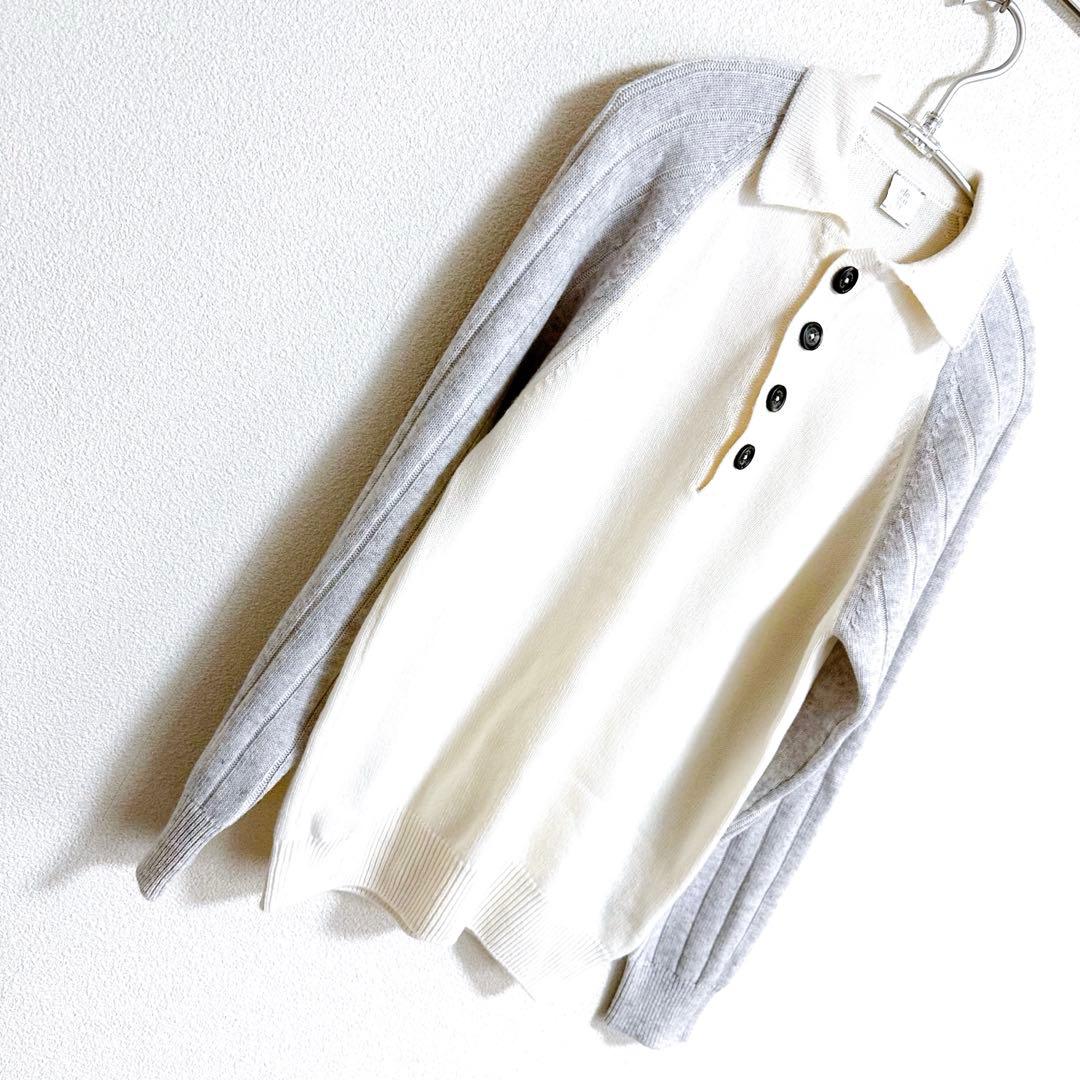 【eleventy】　カシミヤ　グレー　白　切り替え　ニット　カーディガン