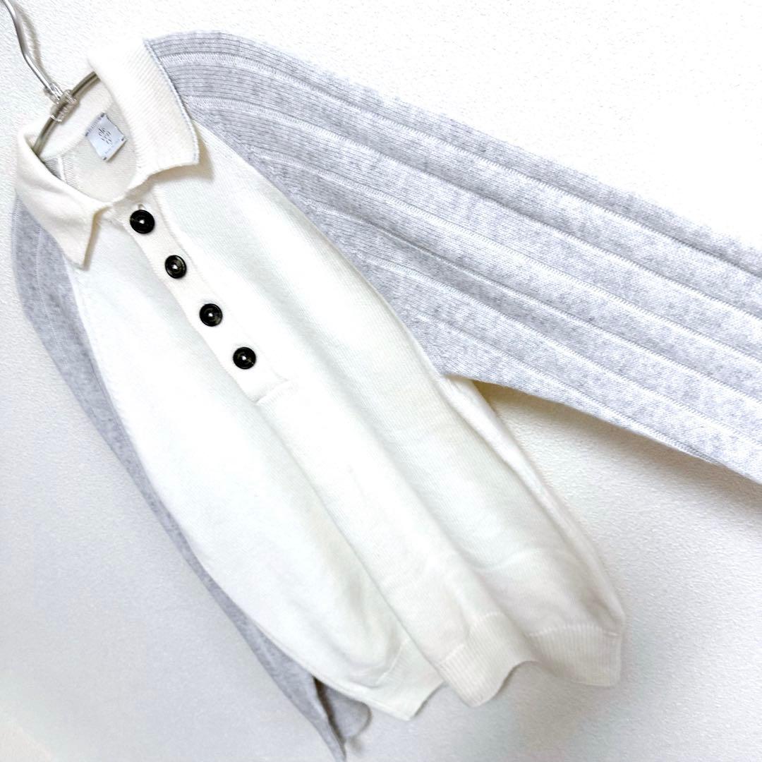 【eleventy】　カシミヤ　グレー　白　切り替え　ニット　カーディガン