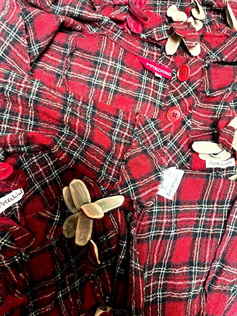 POTECHINO 立体モチーフロゴタータンチェックウールシャツジャケットさえら