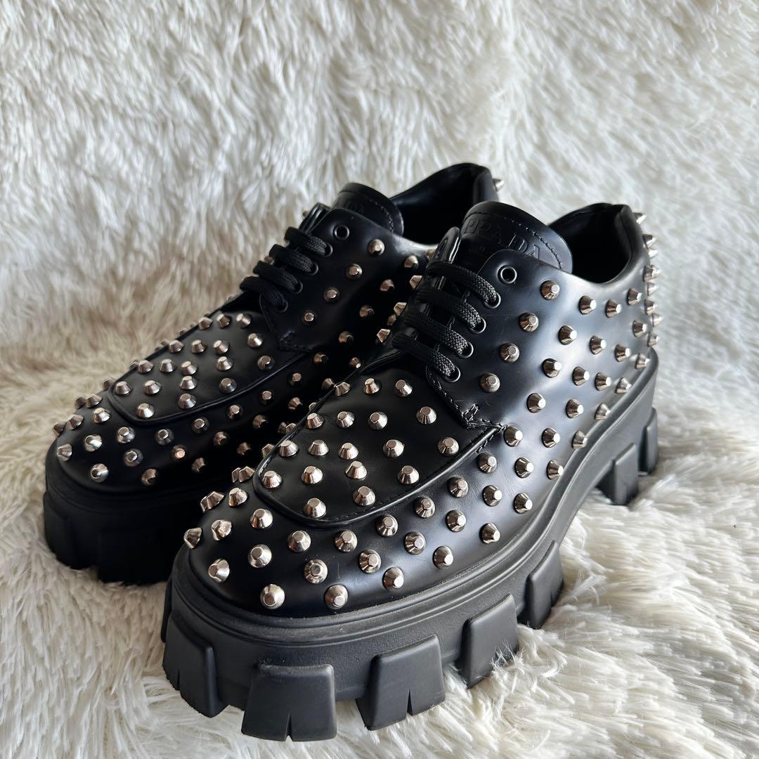 【美品】PRADA プラダ モノリス スタッズローファー 厚底 ブラック