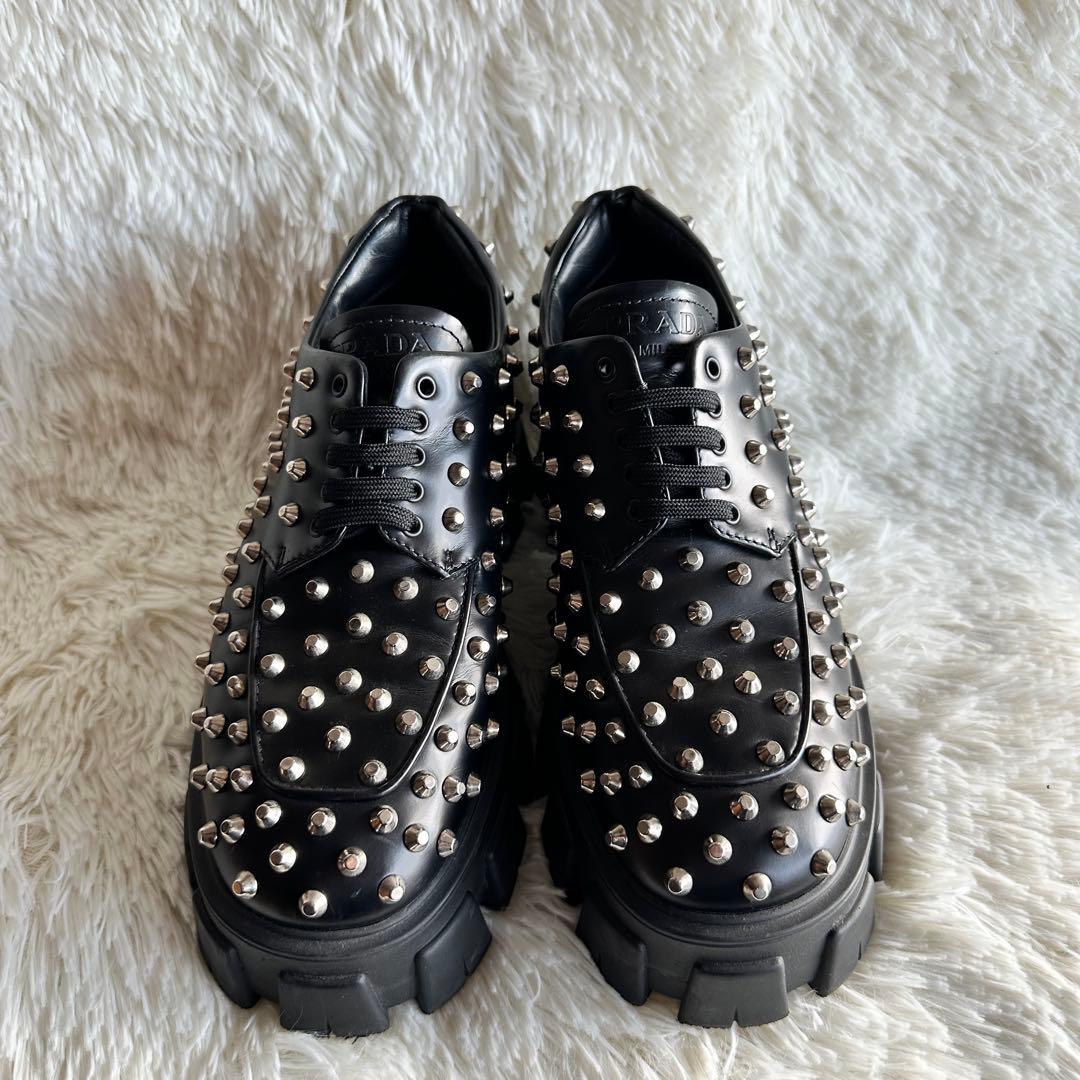 【美品】PRADA プラダ モノリス スタッズローファー 厚底 ブラック