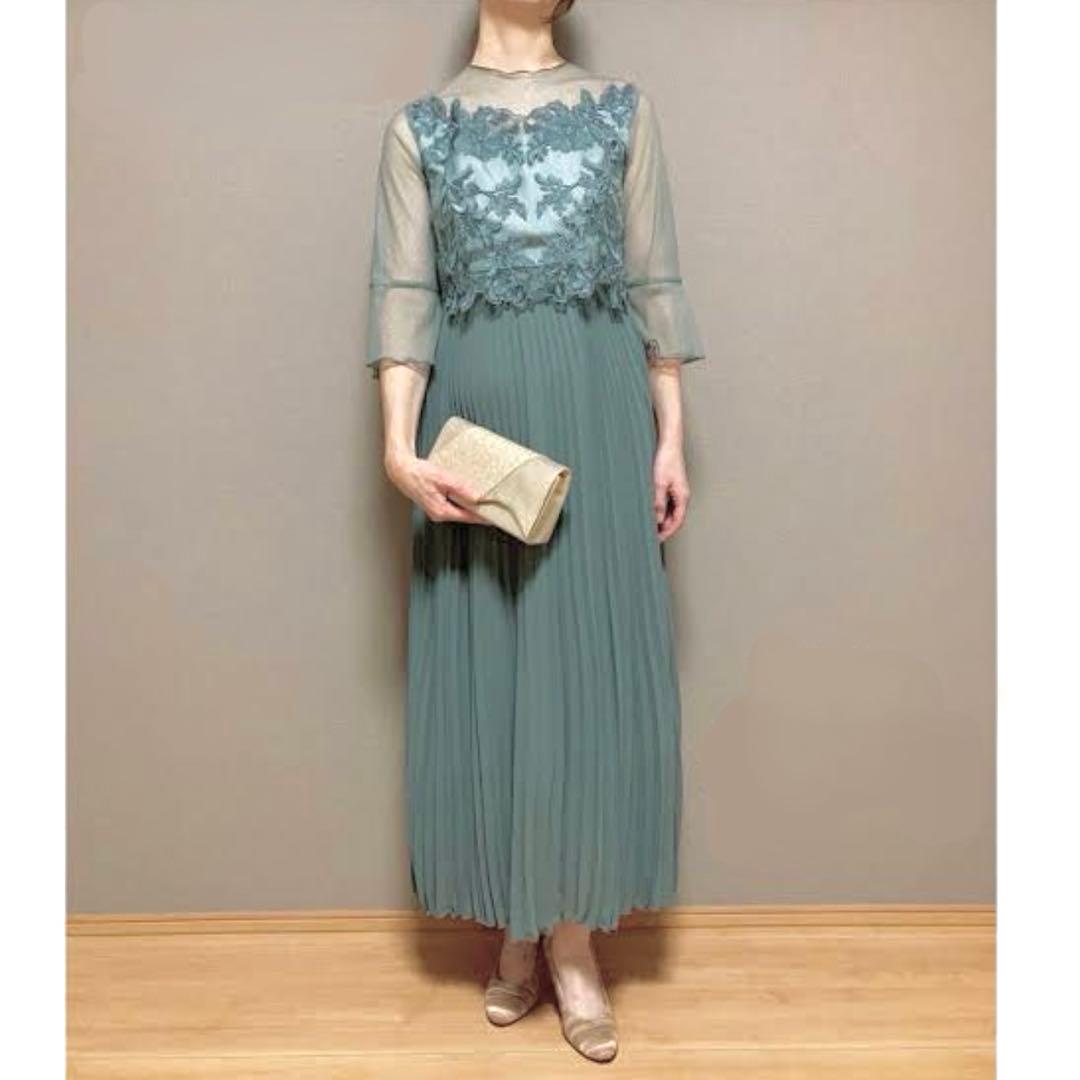 ドリードール メロースリーブ×プリーツドレス　ライトカーキ　グリーン　ミント　緑