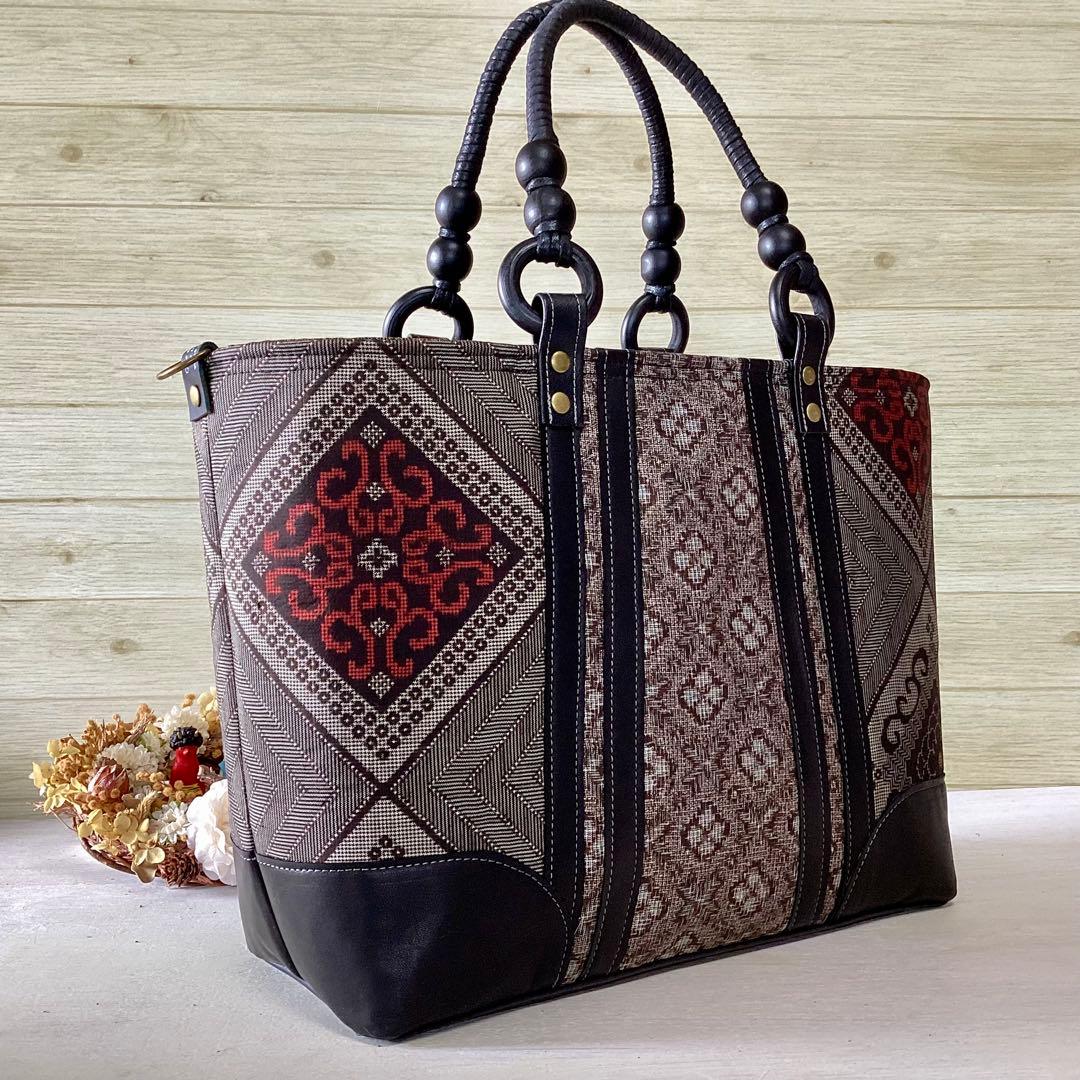 龍郷 大島紬×本革 着物リメイク トートバッグ 和装バッグ ハンドメイド A4