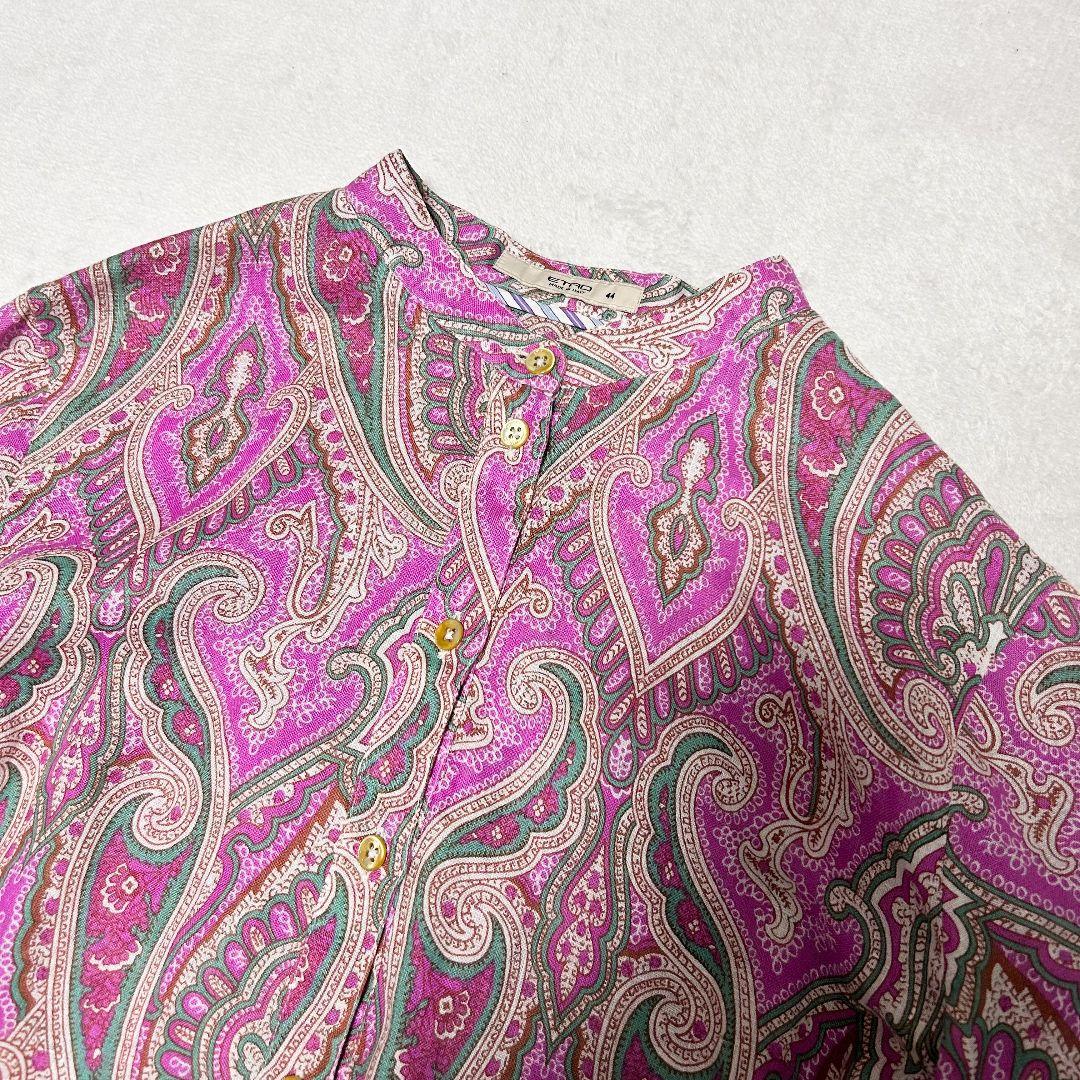 ETRO エトロ リネン 100% ペイズリー バンドカラー ブラウス 44