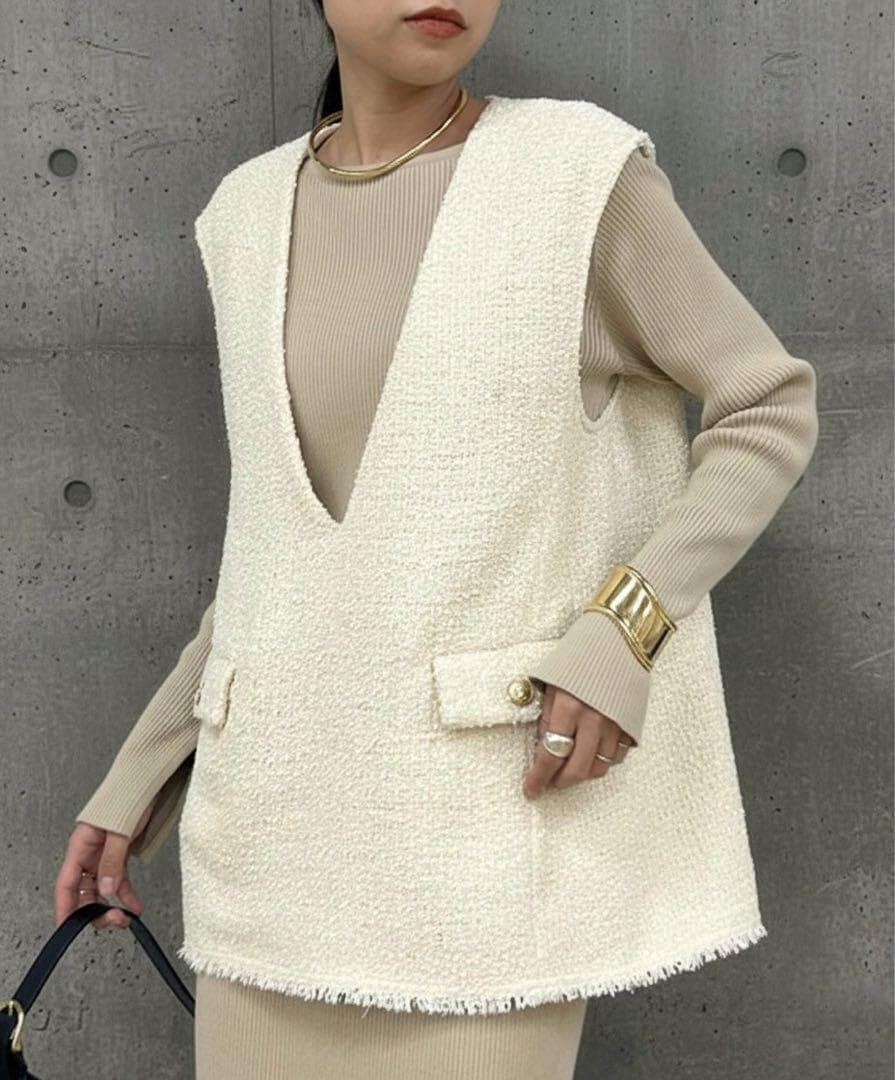新品　ラウンジドレス　ツイードベスト　ジレ　アイボリー