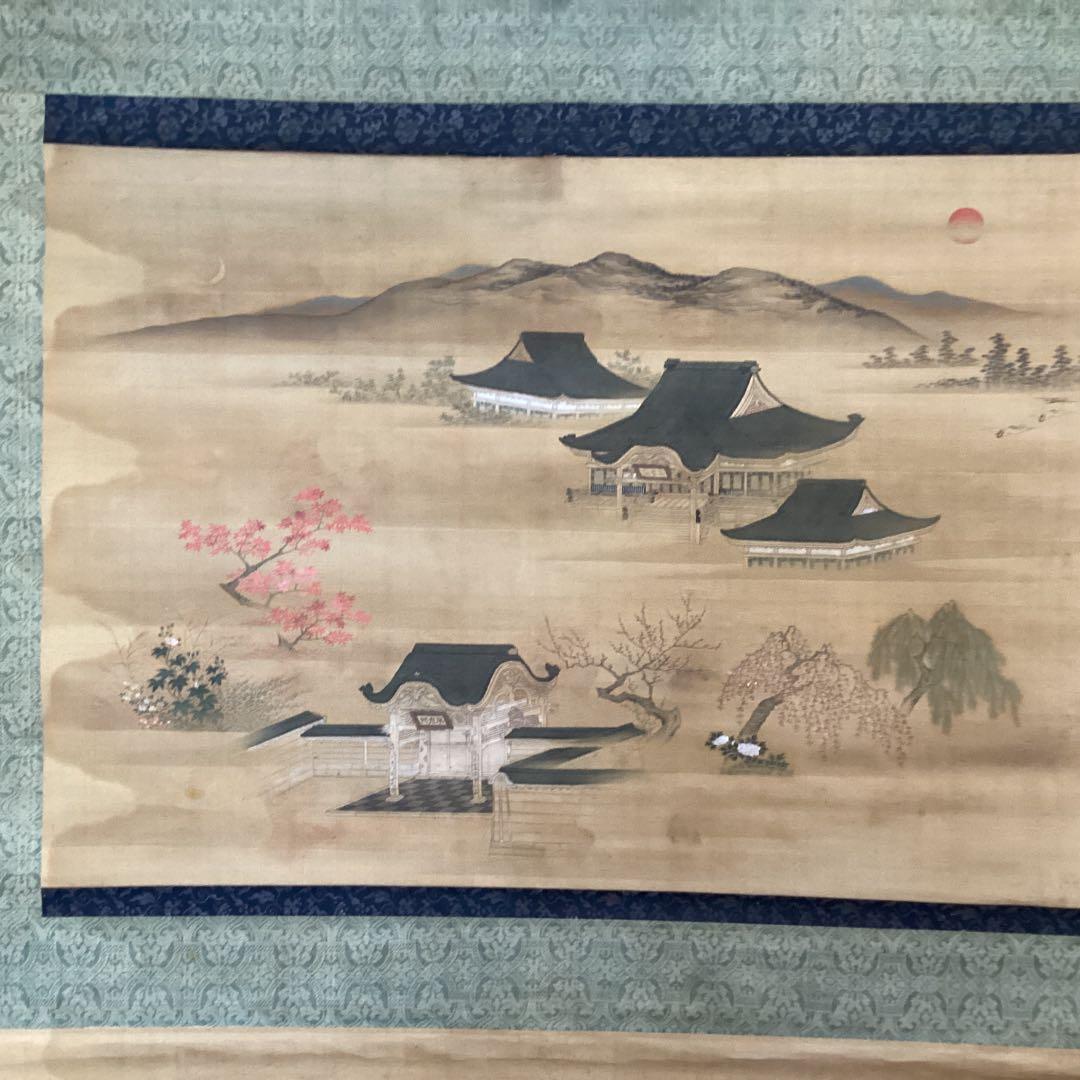 土佐派画紙本【朗詠集祝之詩意】不老門、長生殿之図　掛軸一幅　軸先良品　438