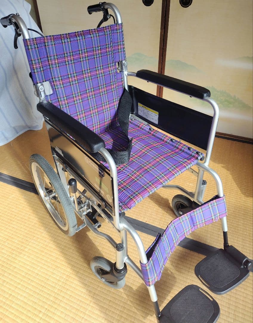 カワムラ　KAJ402SB 紫色チェック柄 介助用車椅子