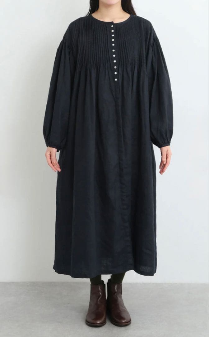 リネンピンタックボリューム袖比翼前開きロングワンピースブラックウォッチ美品