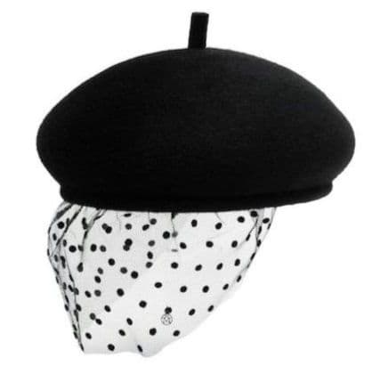 Maison Michel ドット柄チュール付きベレー帽　黒