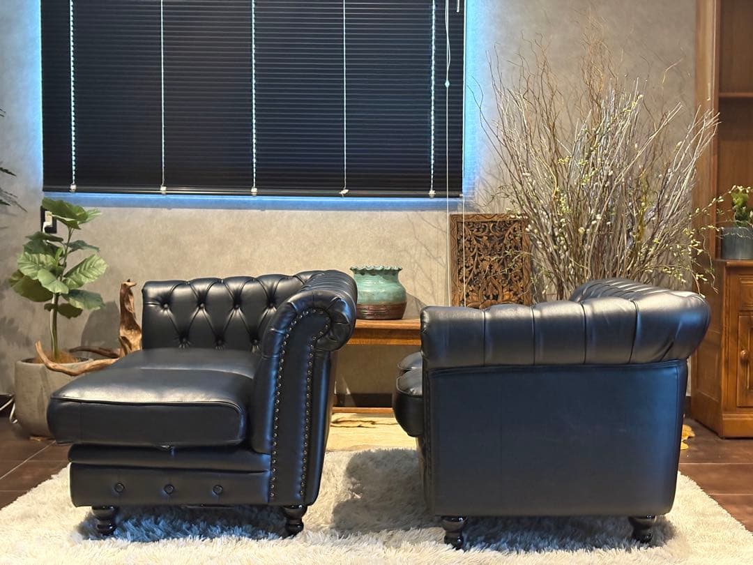 ヴィンセント　ボタンダウン　ソファ　アンティーク　レザー　ブラック IZZ