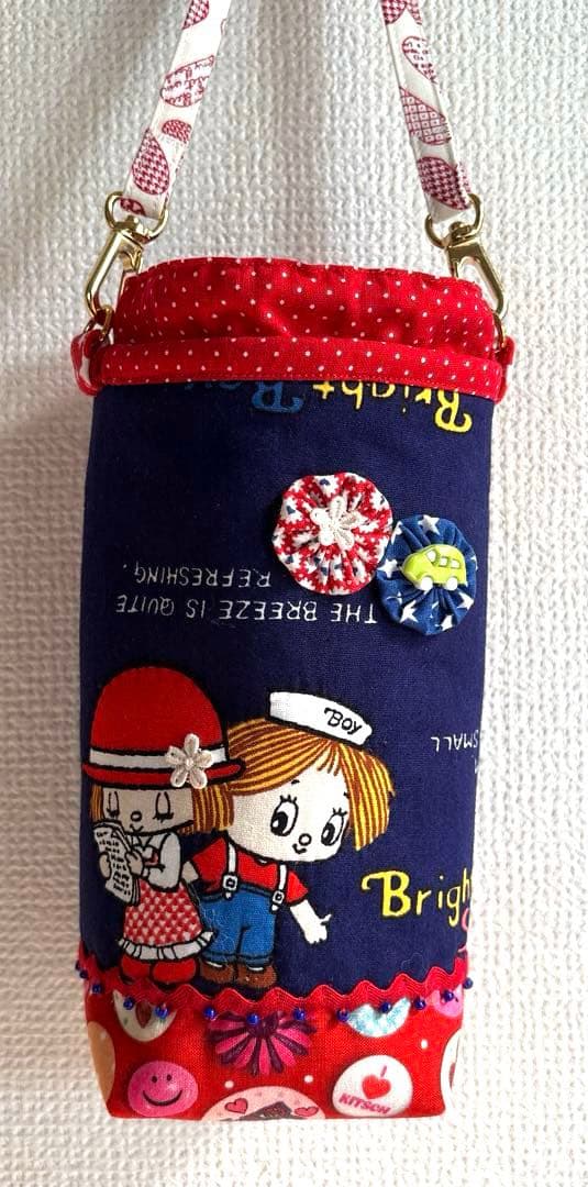 レトロパッチワークトートバッグ4点 ショルダー紐、ポーチ、ペットボトルカバー付き