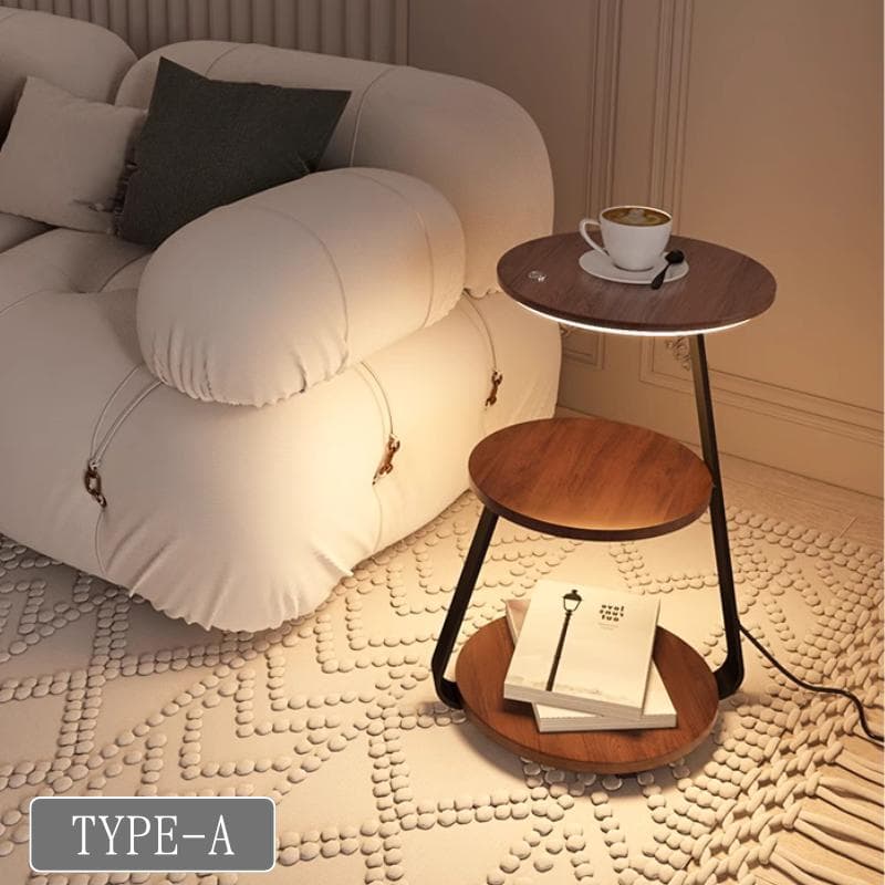 3段木製サイドテーブル 間接照明 天然木 完成品発送